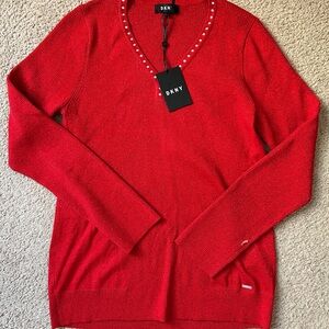 DKNY Vibrant Shimmery Red Knit Top with Embellished Neckline